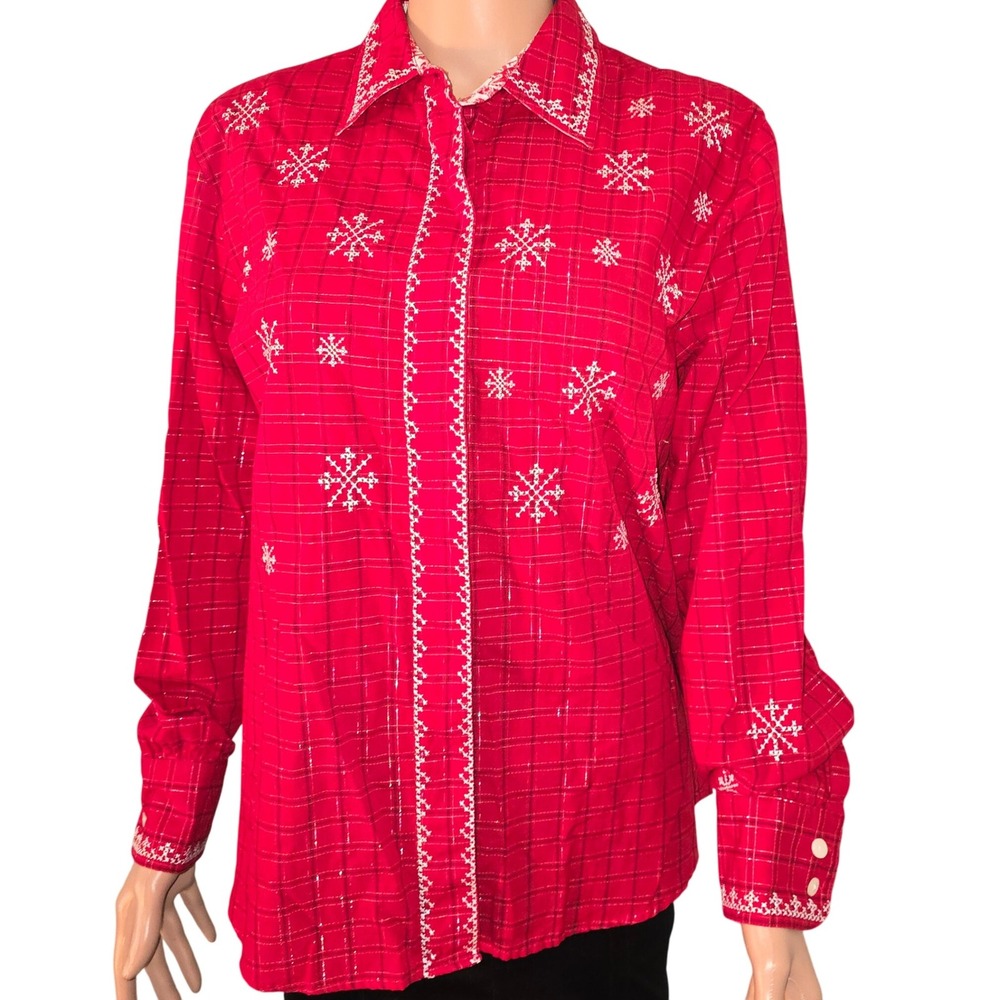 Karen Scott‎ Sport Top Medium Red Plaid Button Front Snowflake Embroidered